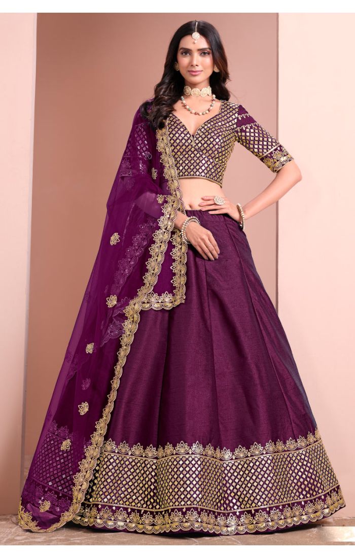 Elegant Plum Zari Embroidered Lehenga Choli with V-Neck Blouse for Weddings and Festivals