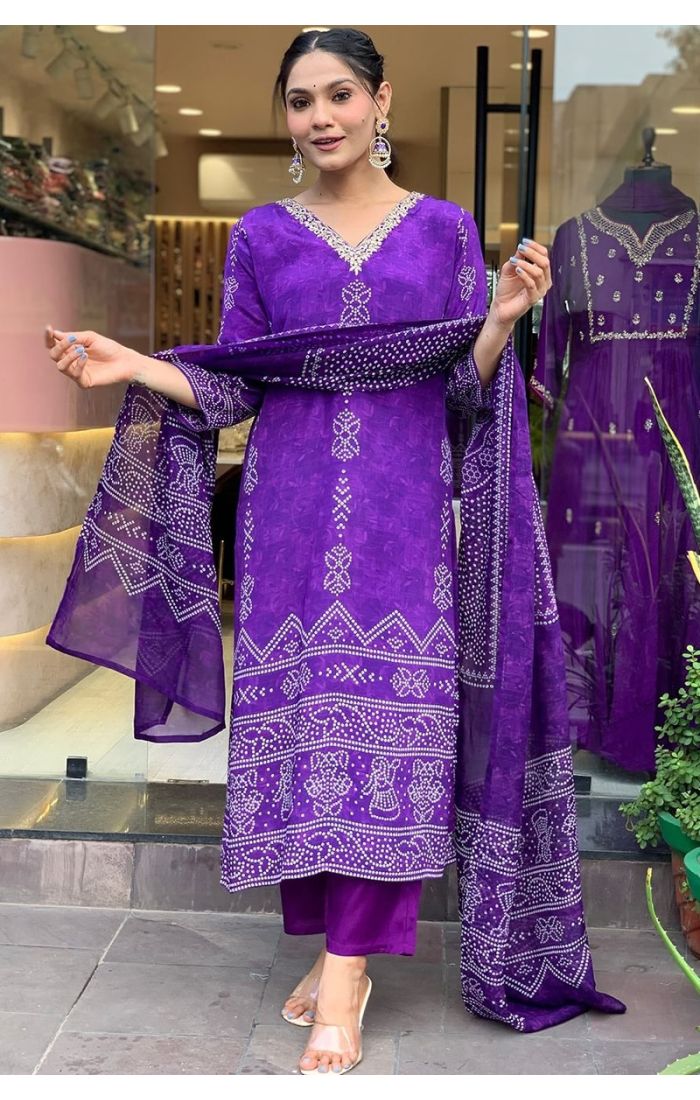 Elegant Purple Bandhani Kurta Pant Set with Embellished Dupatta – Ideal for Weddings & Festive Wear in USA, Canada, UK, Germany, Norway & Europe.