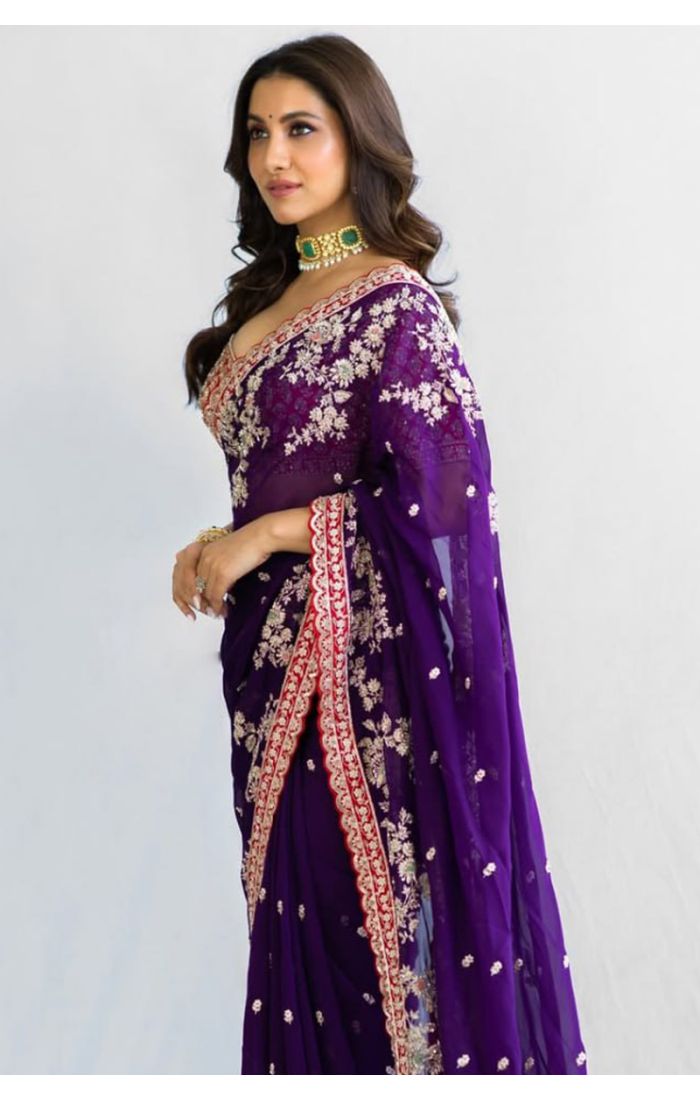 Purple Georgette Saree with Zari Embroidery for Weddings & Festive Occasions