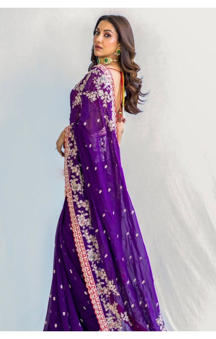 Purple Georgette Saree with Zari Embroidery for Weddings & Festive Occasions