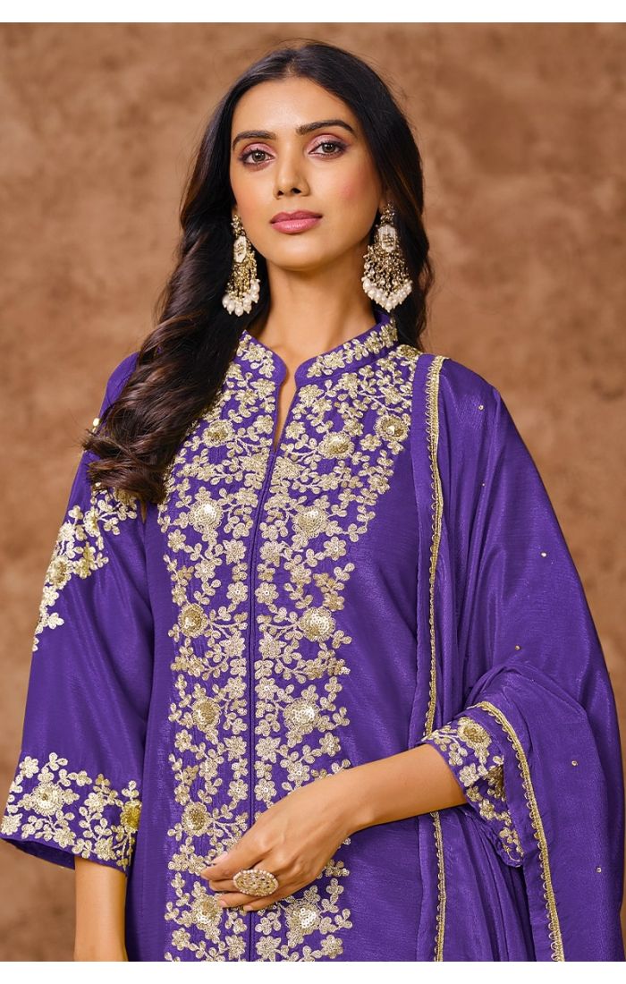 Royal Purple Embroidered Palazzo Salwar Kameez with Golden Zari Work and Dupatta – Wedding & Festive Wear