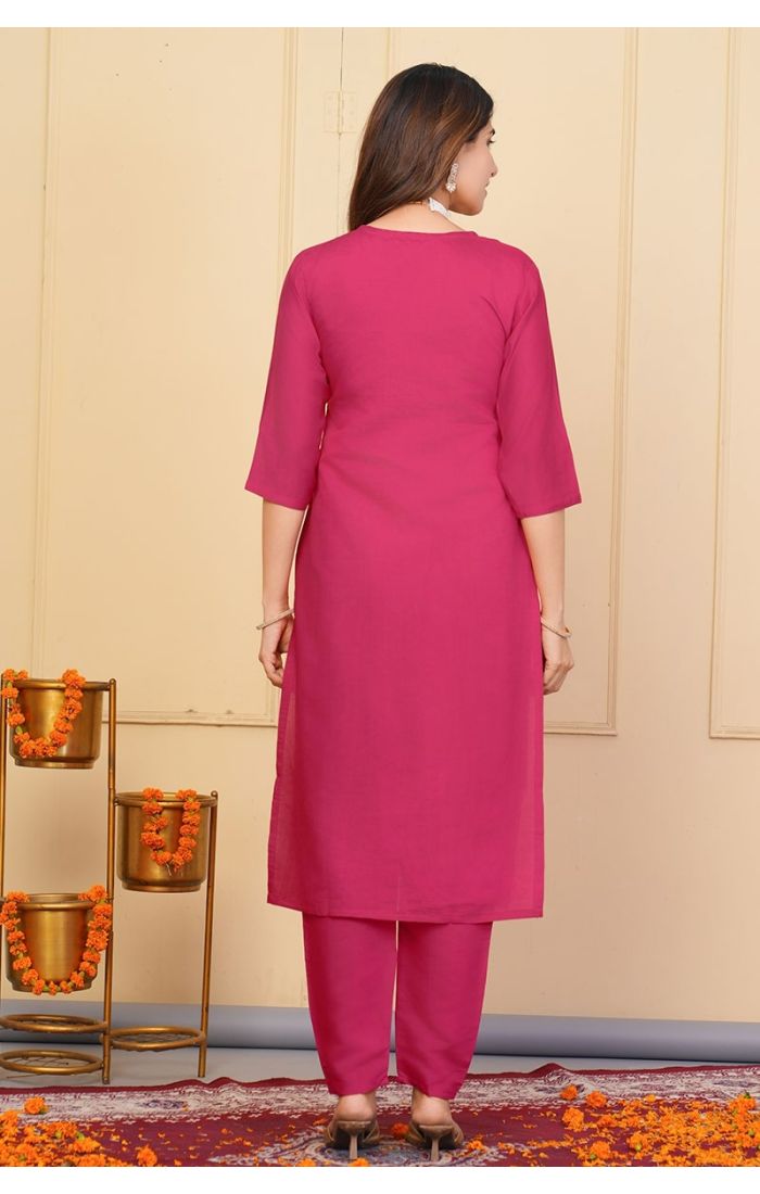 Rose Pink Embroidered Chanderi Kurta Set for Women – Elegant Wedding & Festive Ethnic Wear