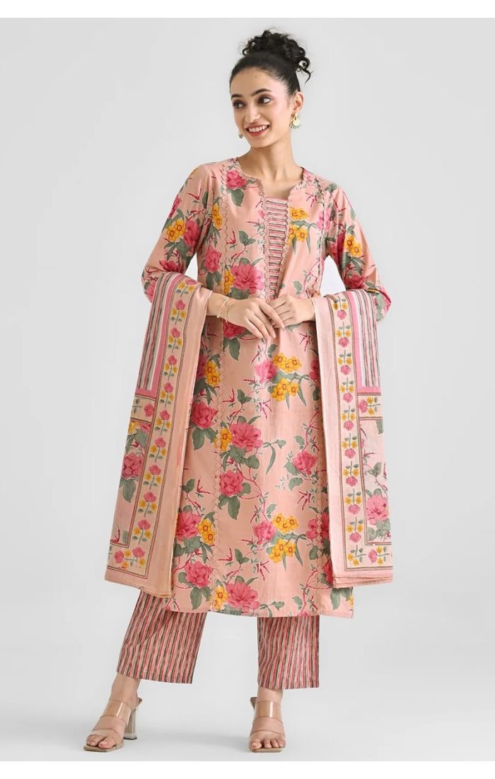 Rosewood Floral Cotton Kurta Set – Ethnic Wear for Weddings & Festive Occasions