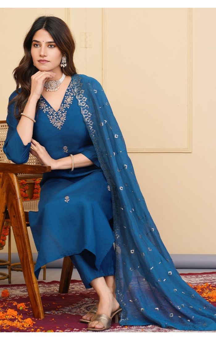 Royal Blue Silk Kurta Set with Chanderi Dupatta – Designer Festive & Wedding Wear Online