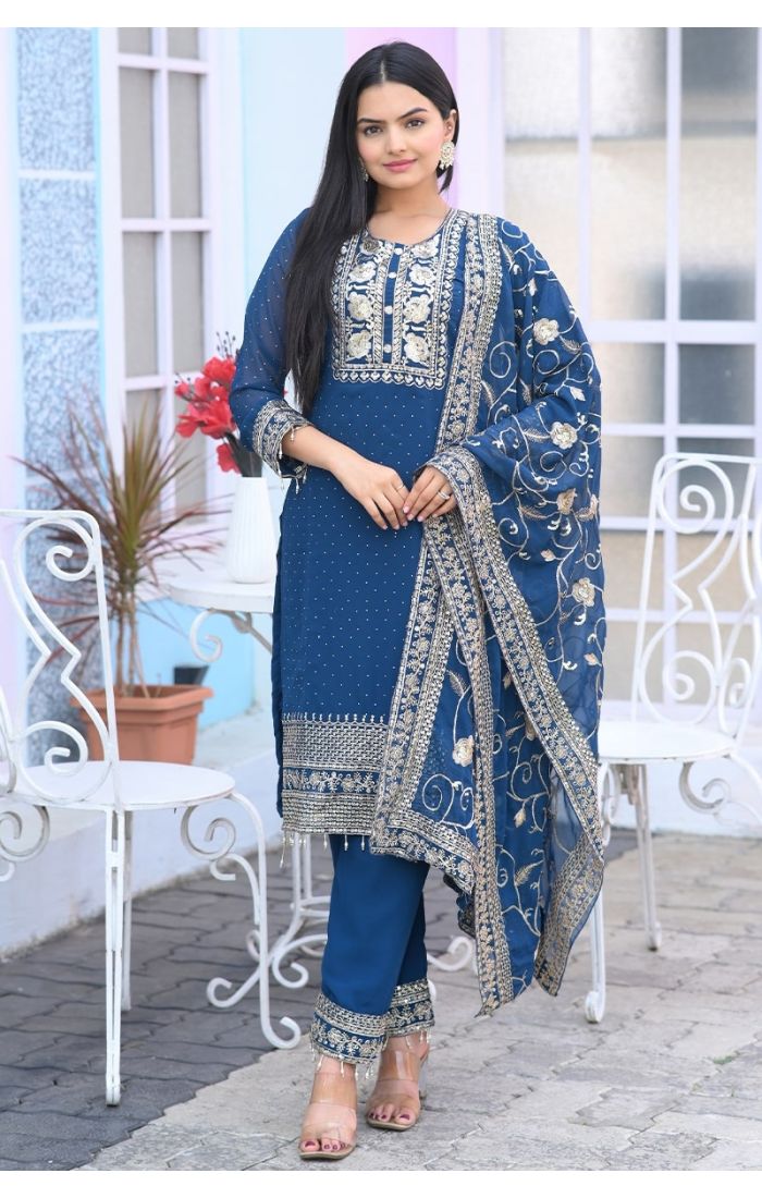 Royal Blue Georgette Embroidered Suit Set with Dupatta - Wedding & Festive Wear