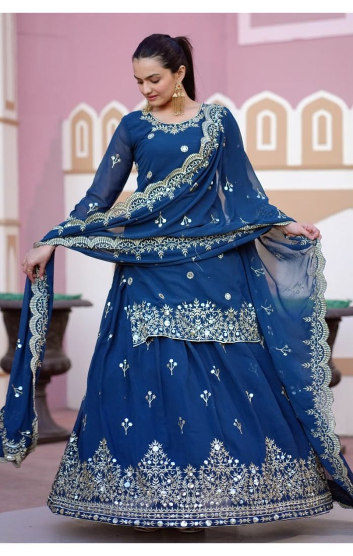 Royal Blue Georgette Kameez Lehenga Set with Zari Embroidery and Dupatta for Wedding & Festive Wear