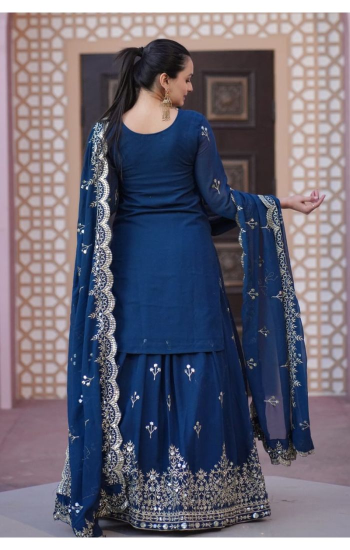 Royal Blue Georgette Kameez Lehenga Set with Zari Embroidery and Dupatta for Wedding & Festive Wear