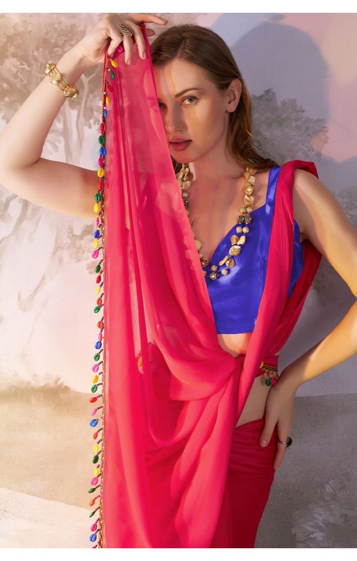 Elegant Royal Fuchsia Chiffon Saree with Blue Blouse and Tassel Detailing – Perfect for Weddings & Festive Wear