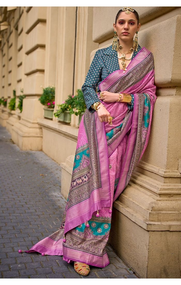 Royal Pink Silk Saree with Zari Weaving & Embroidered Blouse for Wedding & Festive Wear