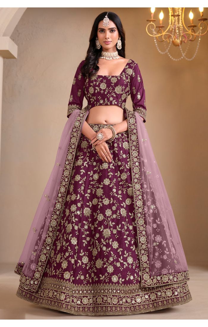 Royal Plum Elegance Lehenga Set with intricate zari embroidery, resham threadwork, and soft net dupatta, traditional Indian bridal and festive wear for women