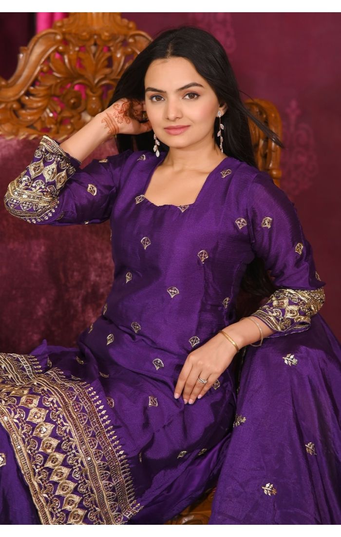 Royal Purple Embroidered Chinon Suit with Dupatta – Luxury Festive & Wedding Wear for Women