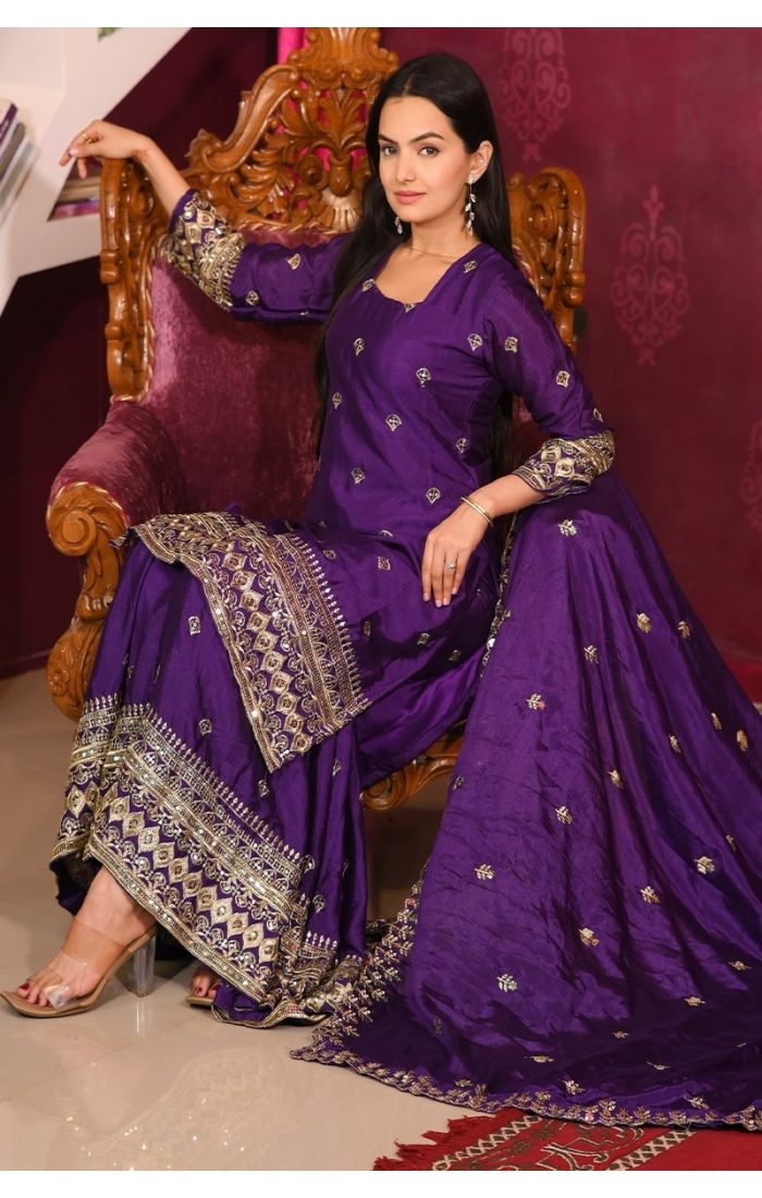 Royal Purple Embroidered Chinon Suit with Dupatta – Luxury Festive & Wedding Wear for Women