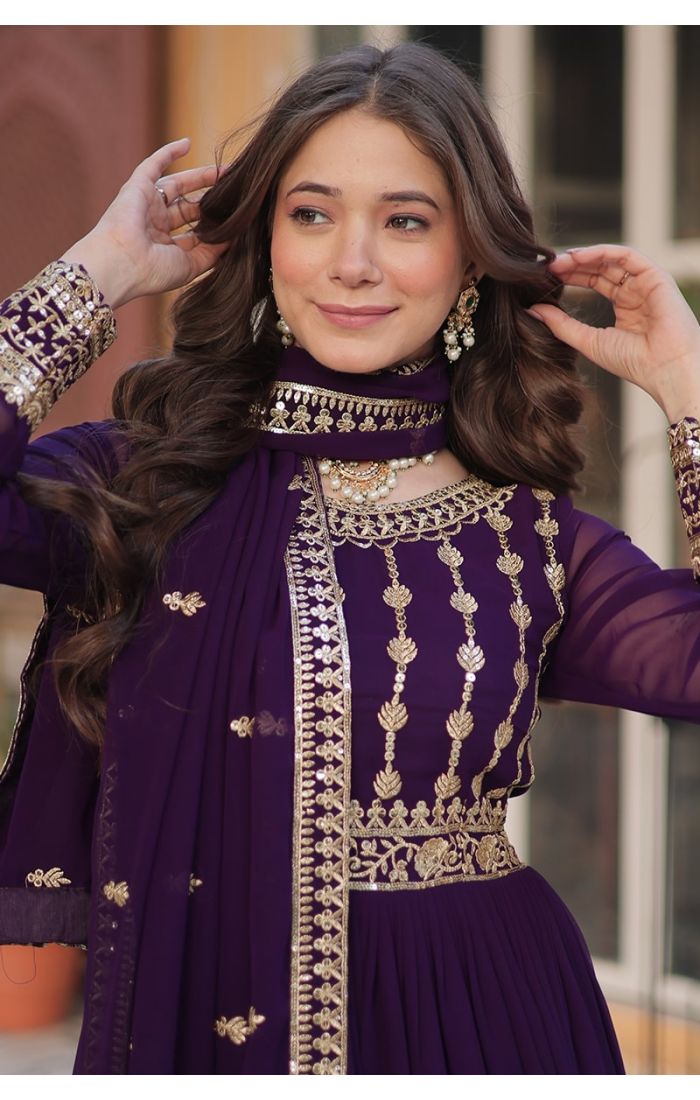 Purple Georgette Anarkali Suit with Embroidery & Dupatta – Perfect for Weddings & Festive Wear in UK, USA, Canada, Germany, Australia, and Europe.