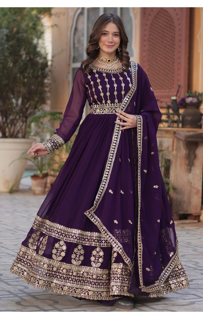 Purple Georgette Anarkali Suit with Embroidery & Dupatta – Perfect for Weddings & Festive Wear in UK, USA, Canada, Germany, Australia, and Europe.