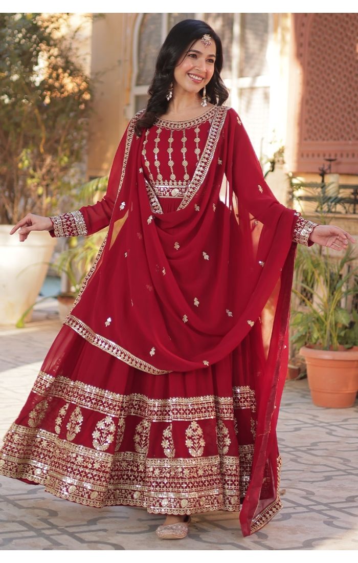 Elegant Red Georgette Anarkali Suit with gold embroidery, perfect for weddings, Eid & festive celebrations in the USA, Canada, UK, and Europe.