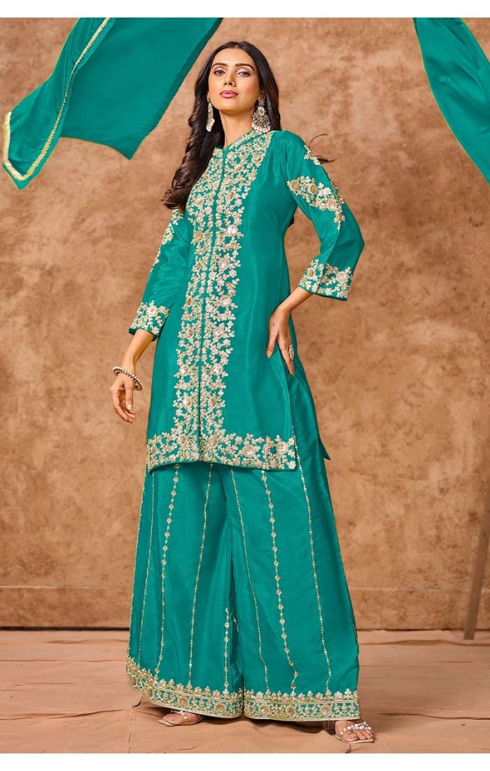 Teal Green Embroidered Salwar Kameez with Palazzo & Dupatta – Wedding & Festive Wear for Women