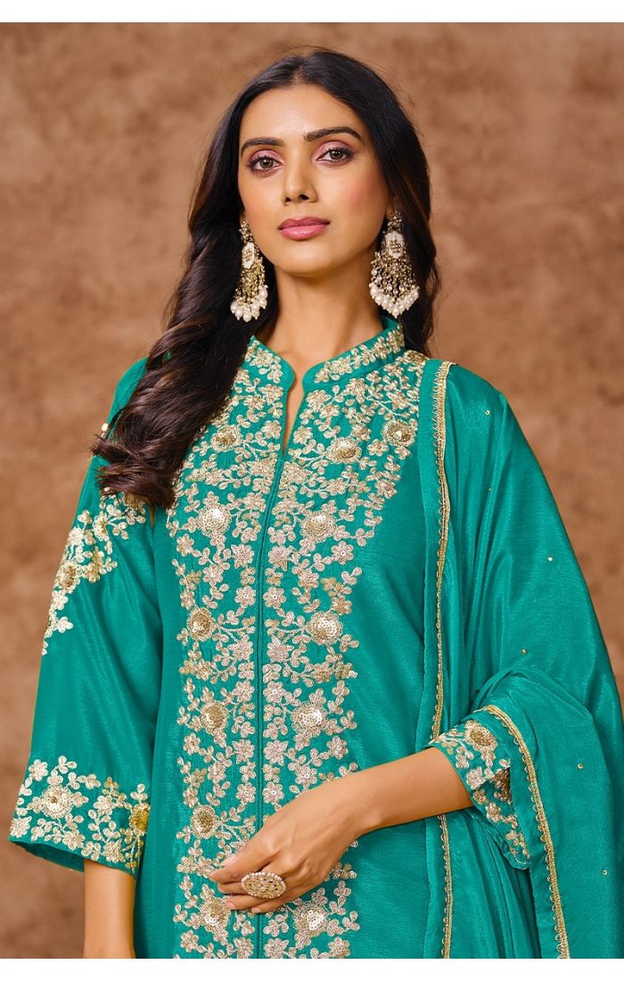 Teal Green Embroidered Salwar Kameez with Palazzo & Dupatta – Wedding & Festive Wear for Women