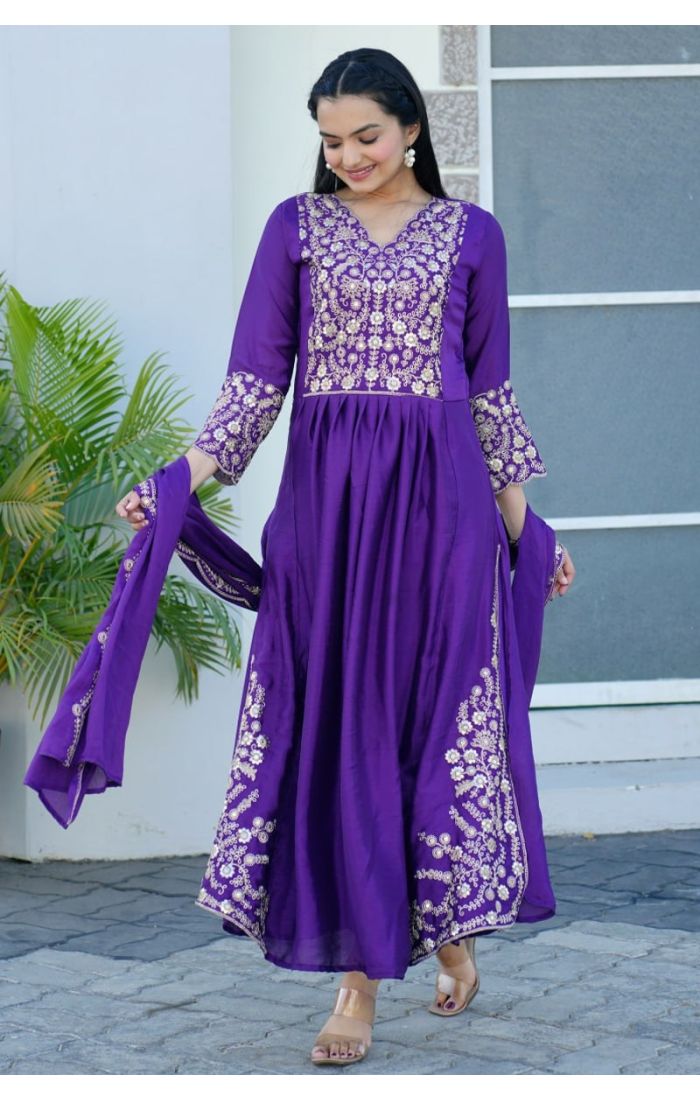 Royal Violet Chinon Silk Suit with golden embroidery and matching dupatta – perfect for weddings and festive wear.