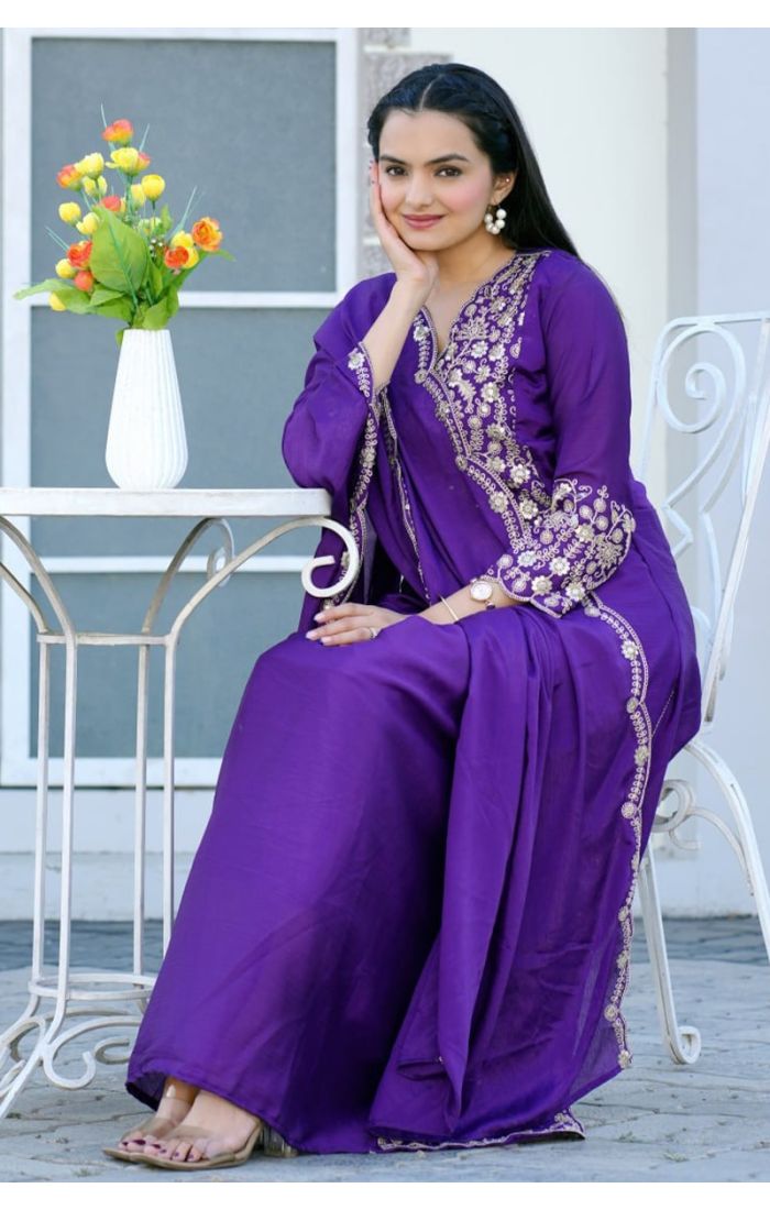 Royal Violet Chinon Silk Suit with golden embroidery and matching dupatta – perfect for weddings and festive wear.