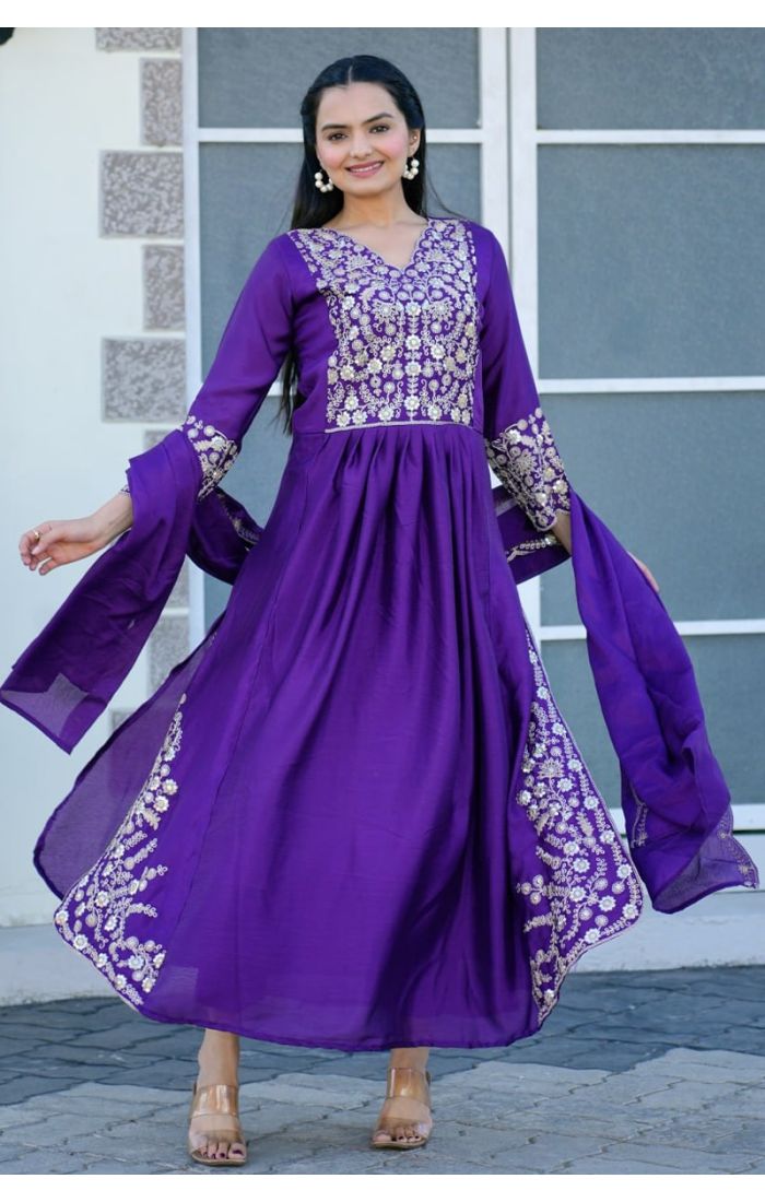 Royal Violet Chinon Silk Suit with golden embroidery and matching dupatta – perfect for weddings and festive wear.