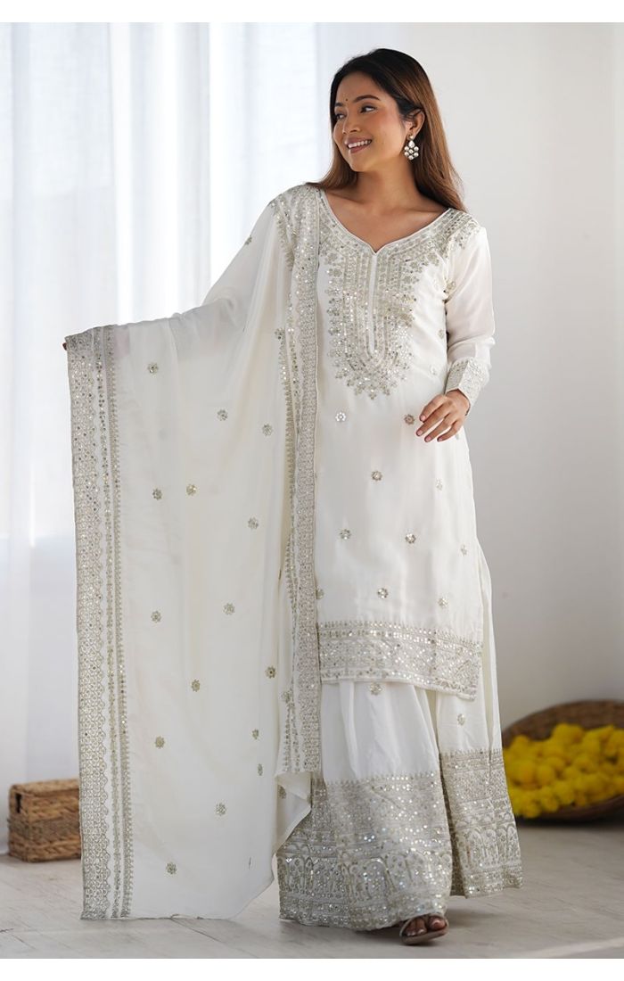 Royal White Chinon Silk Sharara Suit with mirror and sequin embroidery for weddings and festive occasions.