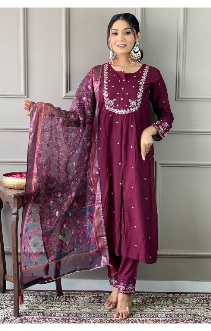 Royal Wine Embroidered Kurta Pant Set with Dupatta for Weddings & Festivals