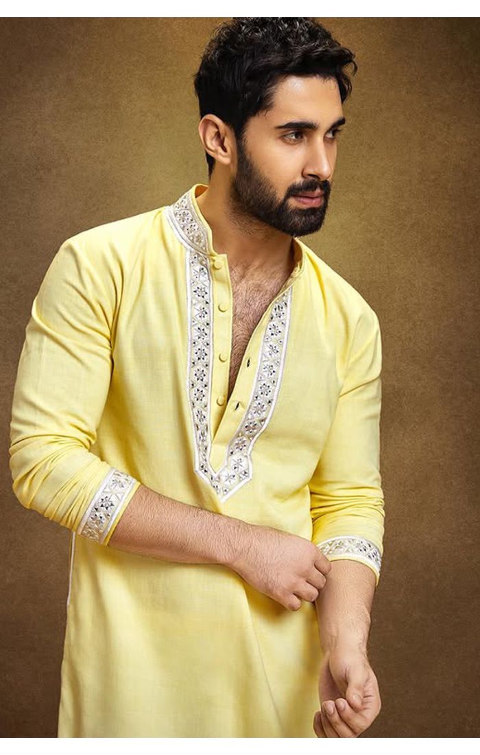 Elegant Yellow Embroidered Cotton Kurta for Men – Festive & Wedding Ethnic Wear