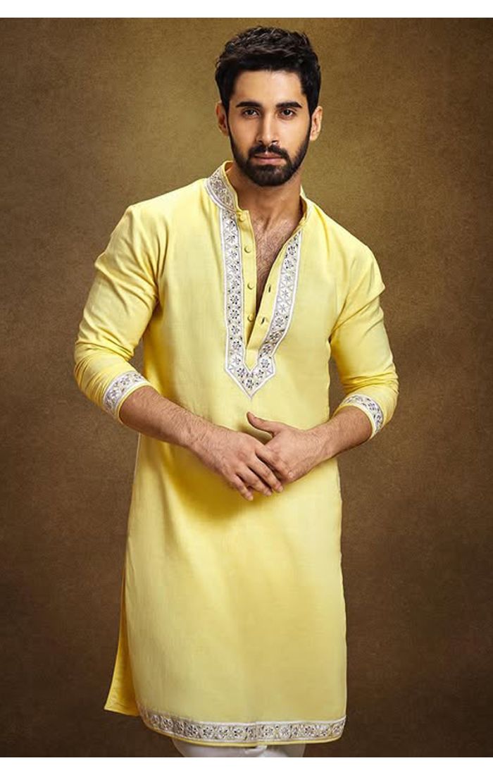 Elegant Yellow Embroidered Cotton Kurta for Men – Festive & Wedding Ethnic Wear