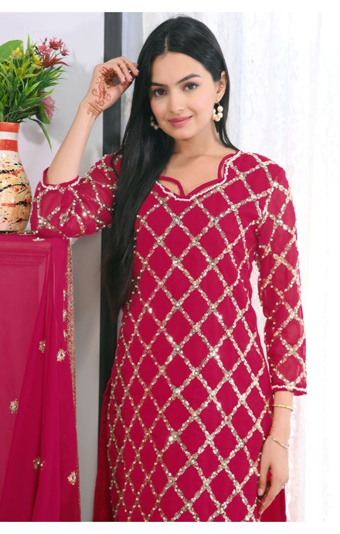 Ruby Red Mirror Work Salwar Kameez with Chiffon Dupatta for Wedding & Festive Wear