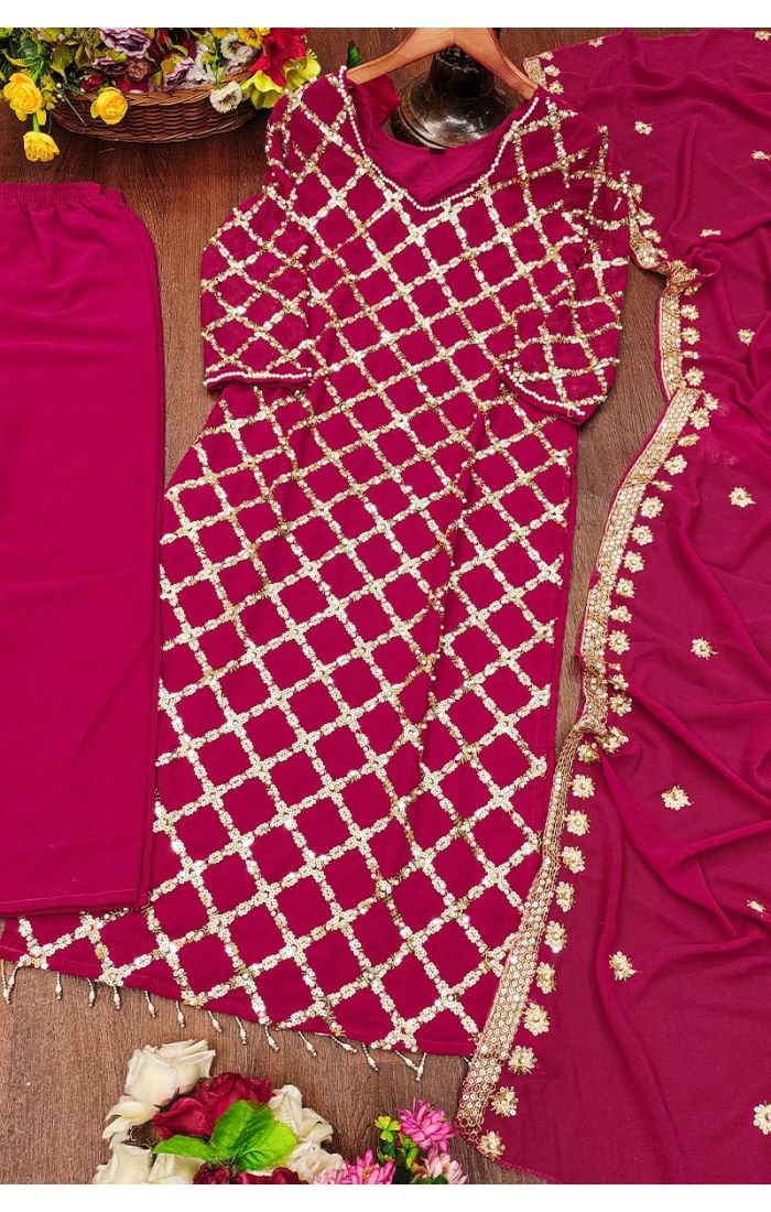 Ruby Red Mirror Work Salwar Kameez with Chiffon Dupatta for Wedding & Festive Wear