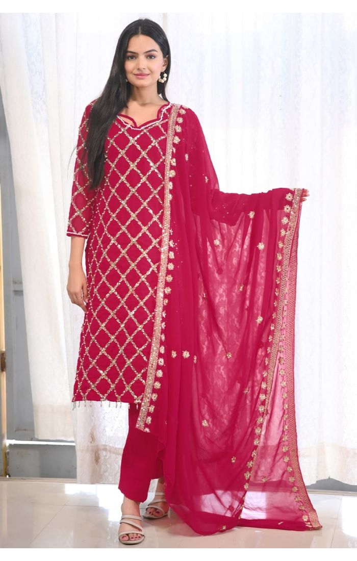 Ruby Red Mirror Work Salwar Kameez with Chiffon Dupatta for Wedding & Festive Wear