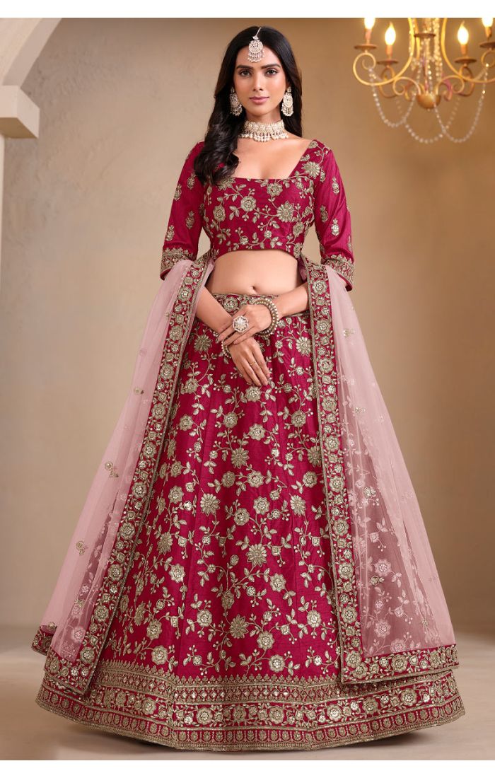 Ruby Royale Embroidered Lehenga Set with zari embroidery, resham threadwork, and soft net dupatta, luxurious Indian bridal and festive wear for women