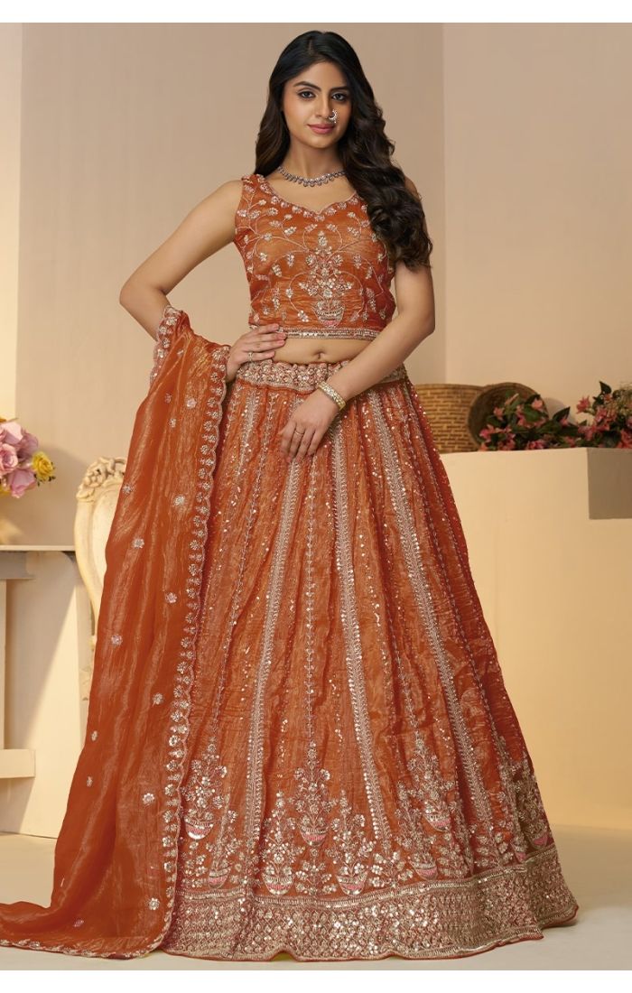  Rustic orange bridal lehenga front view with sequins and zari work – Appelle Fashion