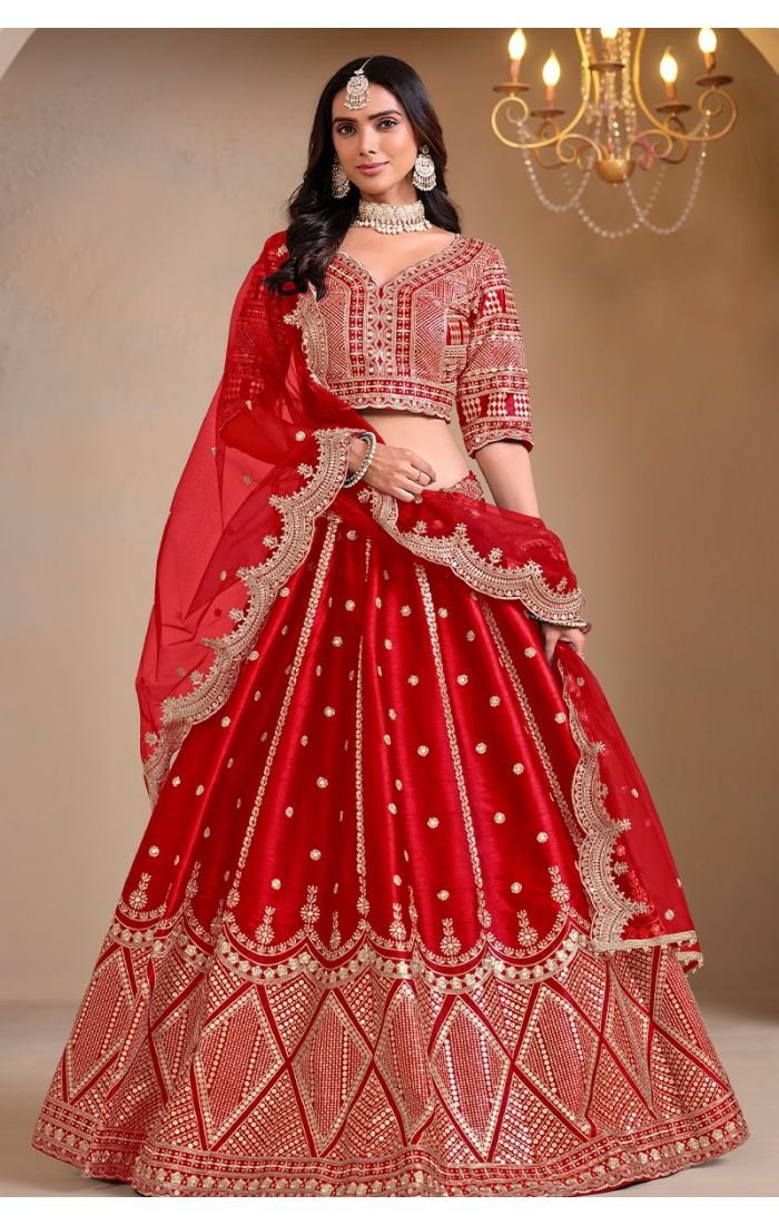 Elegant Red Silk Lehenga Choli with Zari Embroidery and Net Dupatta for Weddings & Festive Wear