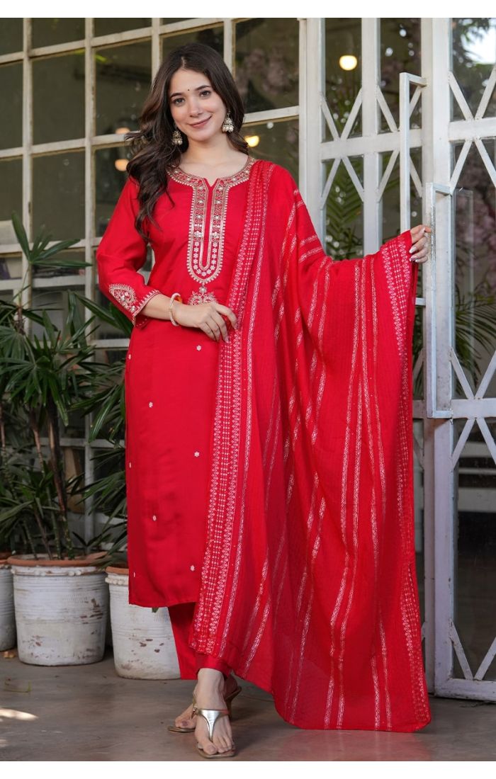 Scarlet Red Zari Embroidered Kurta Pant Set with Dupatta – Festive & Wedding Ethnic Wear