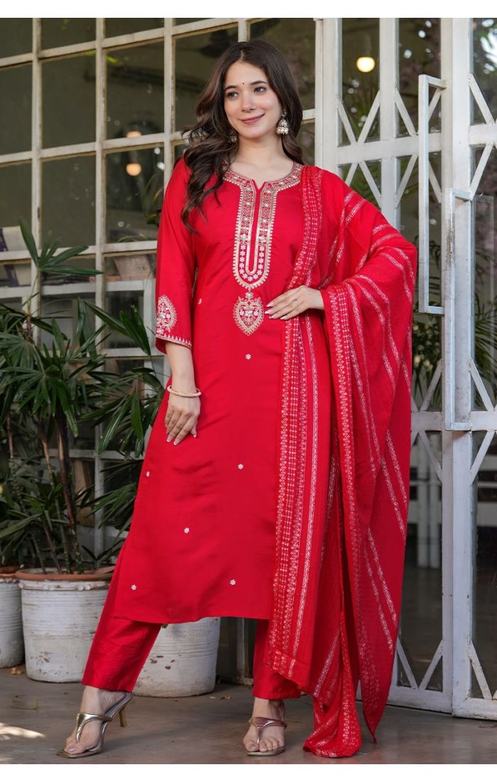 Scarlet Red Zari Embroidered Kurta Pant Set with Dupatta – Festive & Wedding Ethnic Wear