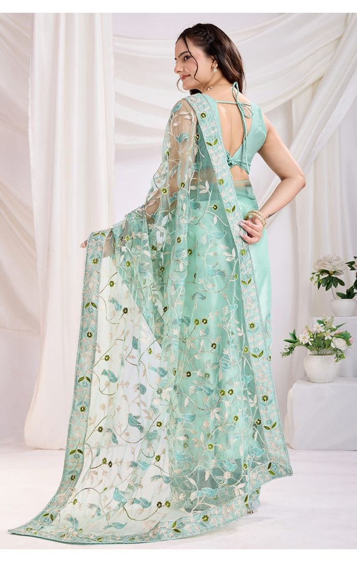 Sea Green Soft Net Embroidered Saree with Silk Blouse – Wedding & Party Wear