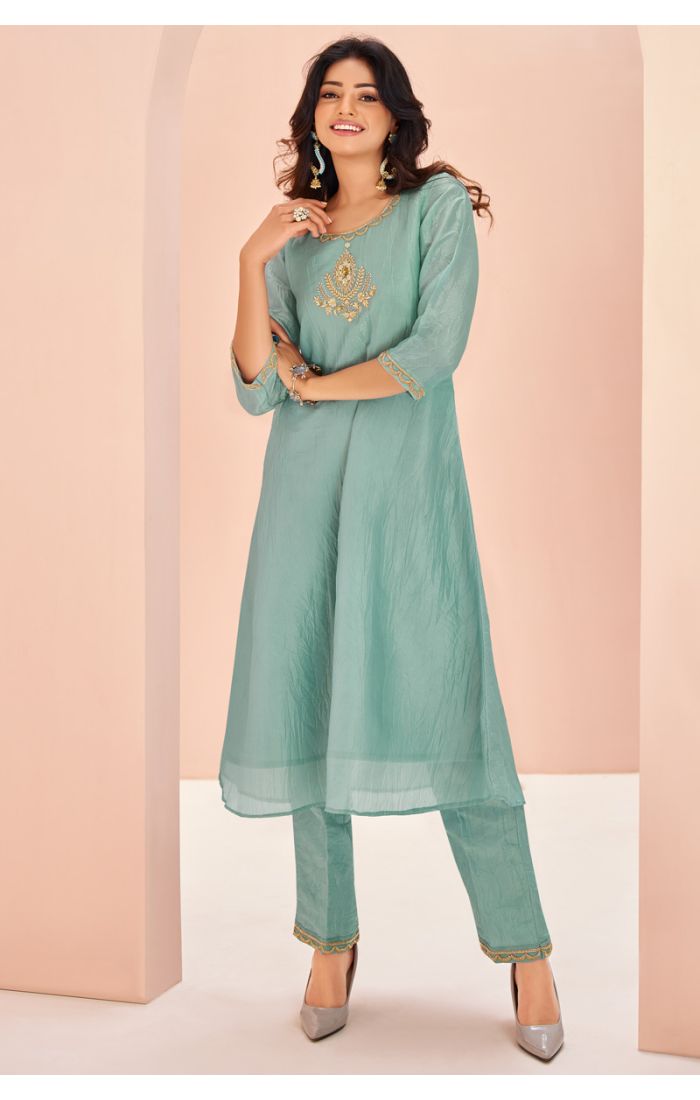 Seafoam Green Festive Kurti with Golden Embroidery for Roza and Eid Celebrations.