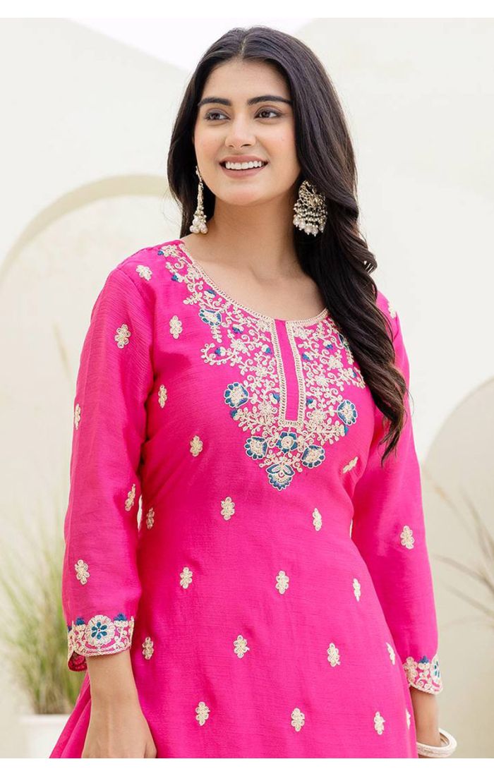 Pink Silk Blend Embroidered Sharara Suit with Blue Dupatta and Round Neck Design