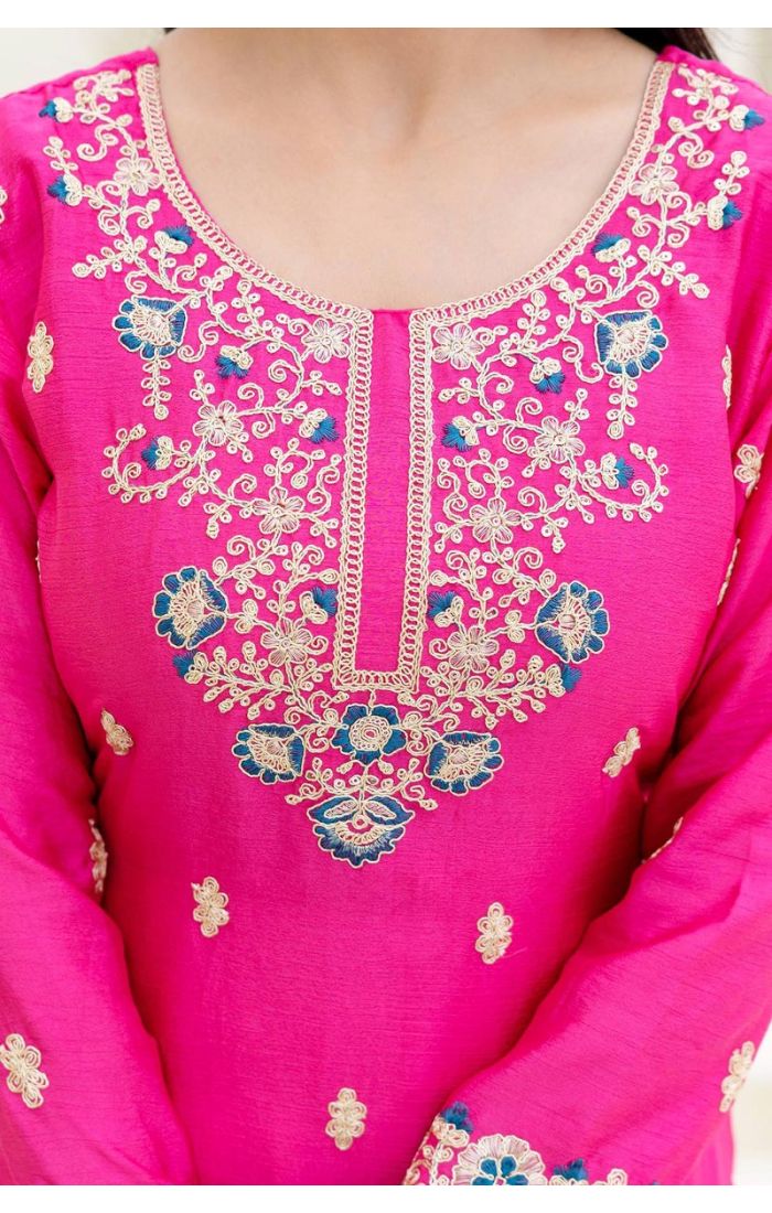Pink Silk Blend Embroidered Sharara Suit with Blue Dupatta and Round Neck Design