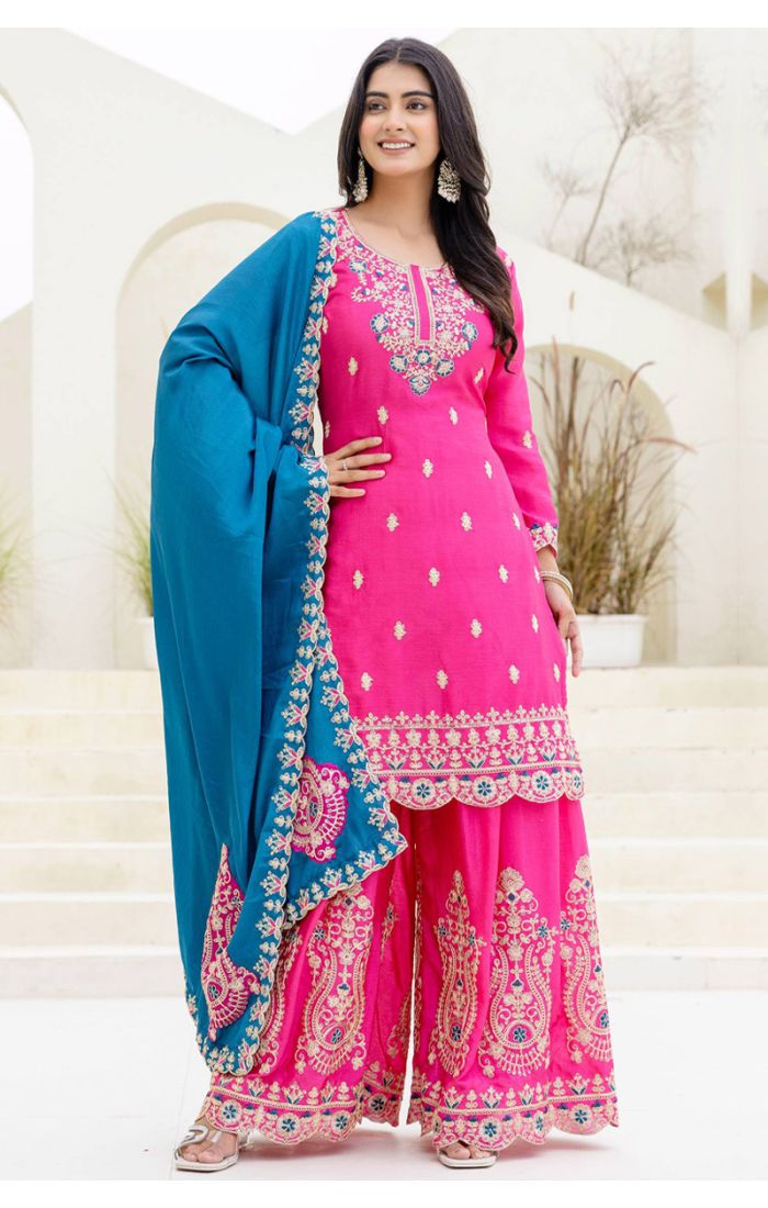Pink Silk Blend Embroidered Sharara Suit with Blue Dupatta and Round Neck Design