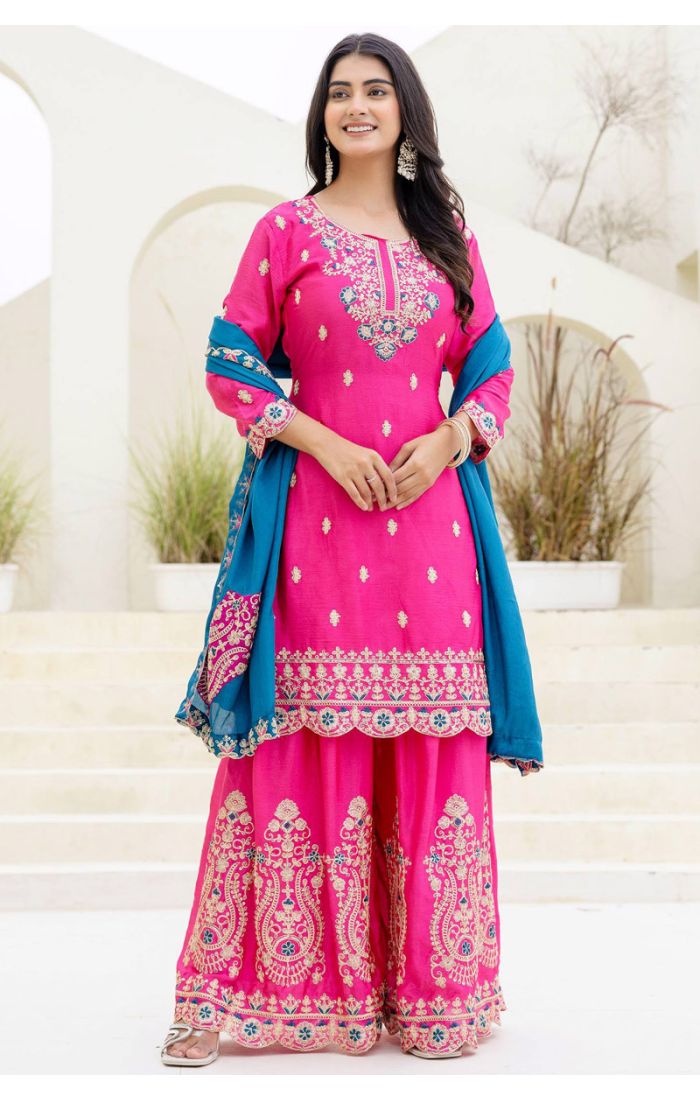 Pink Silk Blend Embroidered Sharara Suit with Blue Dupatta and Round Neck Design