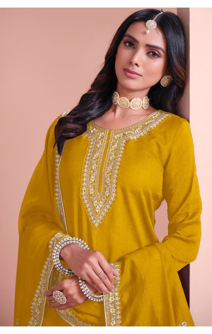 Silk Mustard Anarkali Sharara Suit with Silver Zari Embroidery – Wedding & Festive Outfit for UK, USA, Europe, Norway, Germany, Poland, Denmark, Switzerland