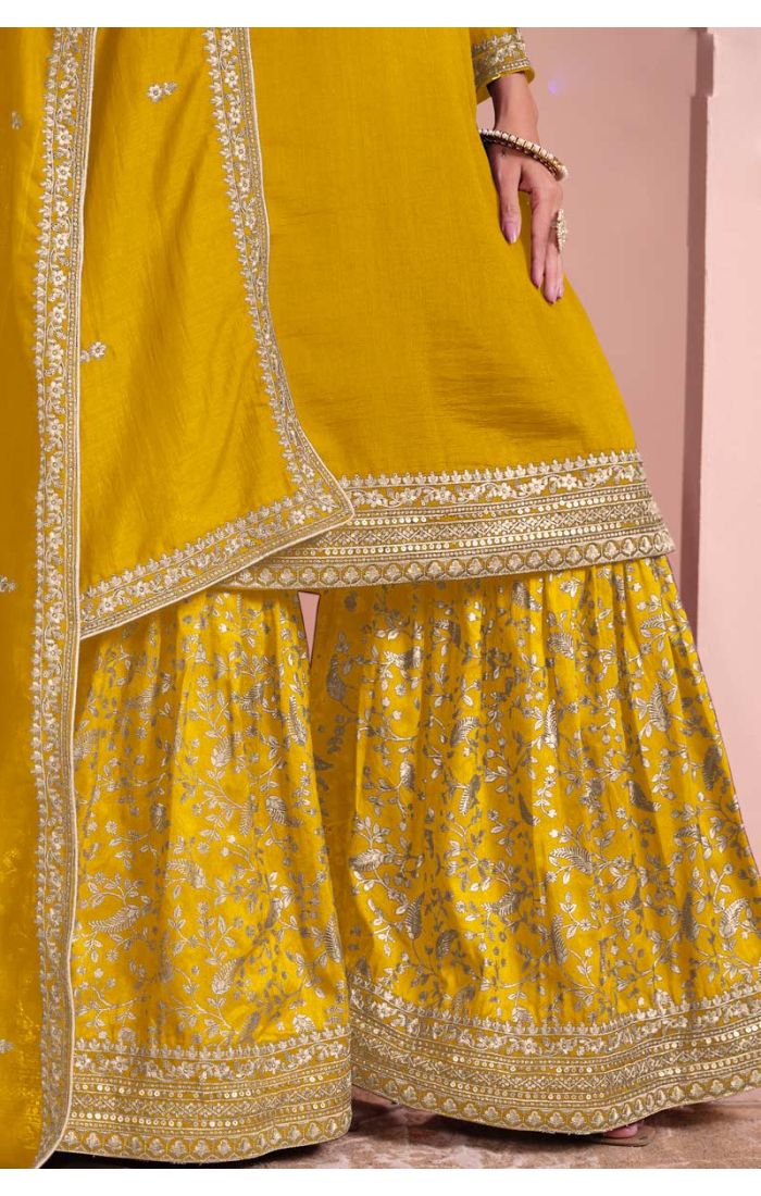 Silk Mustard Anarkali Sharara Suit with Silver Zari Embroidery – Wedding & Festive Outfit for UK, USA, Europe, Norway, Germany, Poland, Denmark, Switzerland