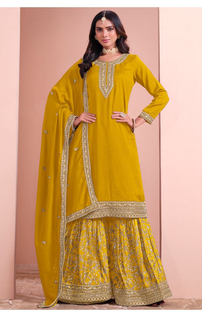 Silk Mustard Anarkali Sharara Suit with Silver Zari Embroidery – Wedding & Festive Outfit for UK, USA, Europe, Norway, Germany, Poland, Denmark, Switzerland