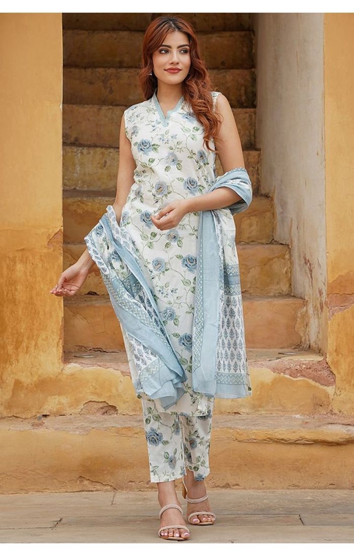  Sky Bloom Floral Kurta Set with pastel blue floral prints and mulmul dupatta. Perfect ethnic wear for weddings and festive occasions in UK, USA, Canada, and Europe.