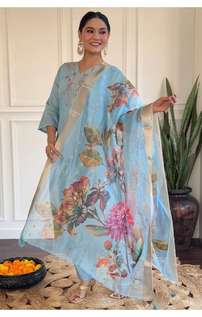 Elegant Sky Blue Embroidered Chanderi Kurti Set with Floral Organza Dupatta