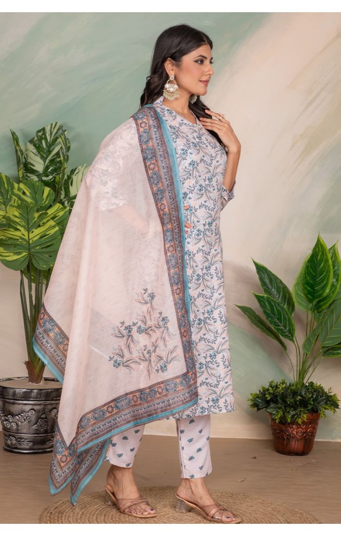 Soft Breeze Blue Floral Cotton Kurta Set with Dupatta – Elegant Summer Festive Wear