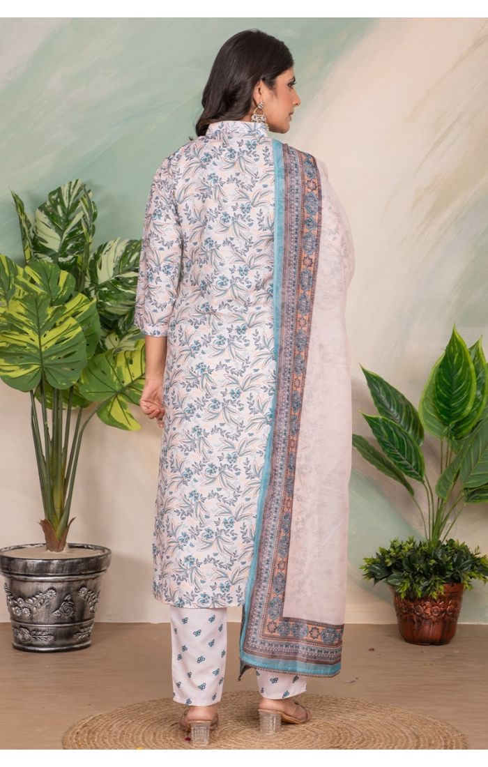 Soft Breeze Blue Floral Cotton Kurta Set with Dupatta – Elegant Summer Festive Wear