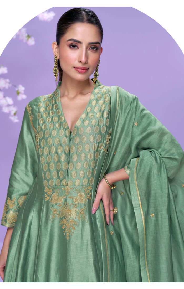 Soft Silk Green Anarkali Suit close-up showcasing embroidery work